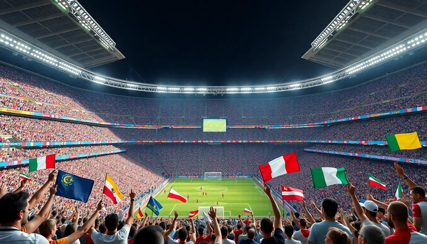 Estadio lleno durante un partido inaugural del Mundial 2026 con banderas de las selecciones participantes