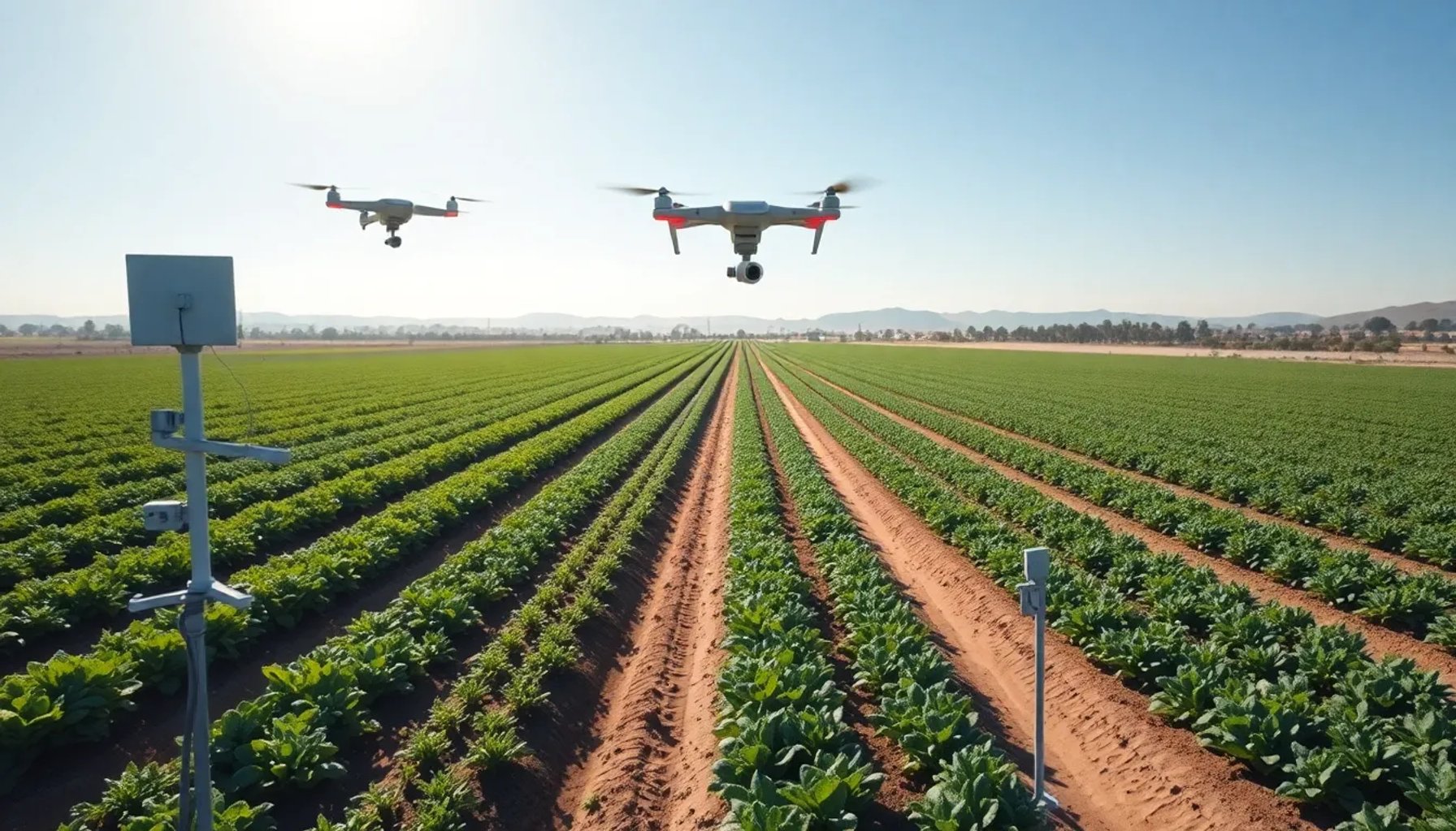 Campos de cultivo en Murcia con sensores y drones sobrevolando, mostrando un sistema de vigilancia inteligente contra el mejillón invasor