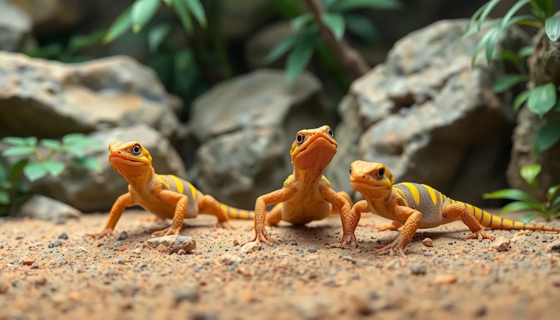 Tres crías de lagarto escorpión recién nacidas en el recinto de reptiles del Zoológico La Aurora, Guatemala