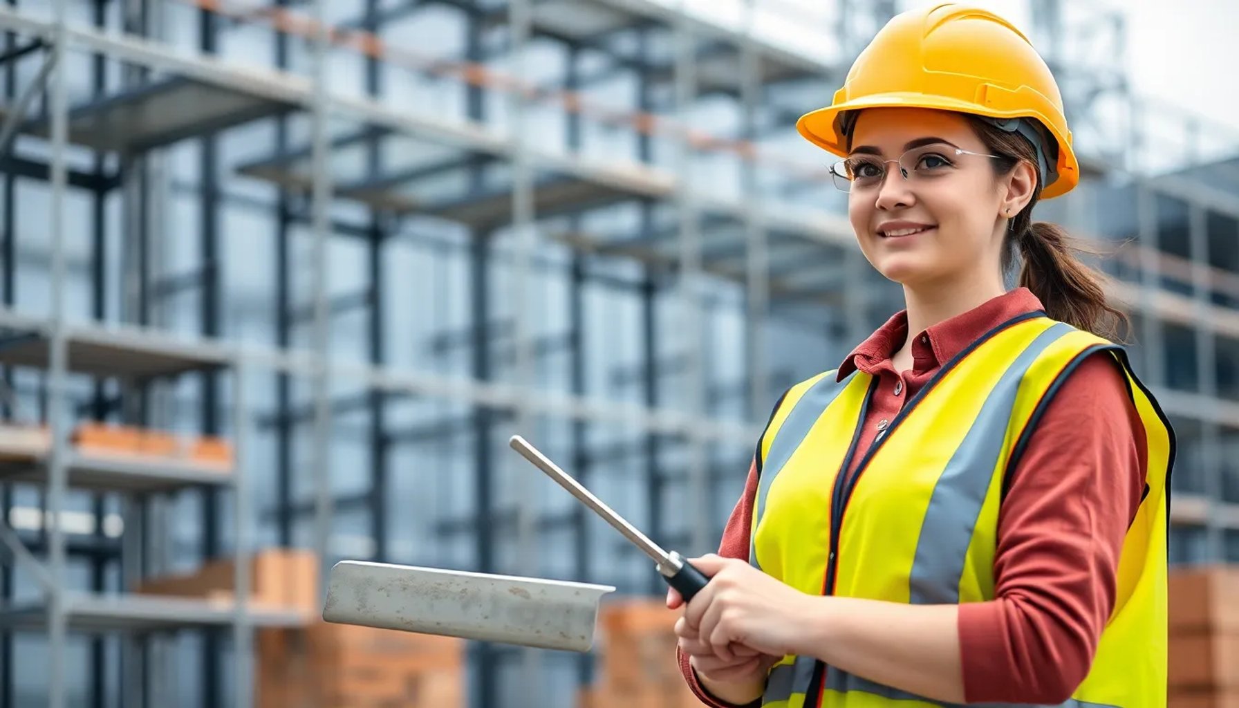 Nerea, joven albañila de 27 años, con casco y herramienta, sonríe en una obra de construcción