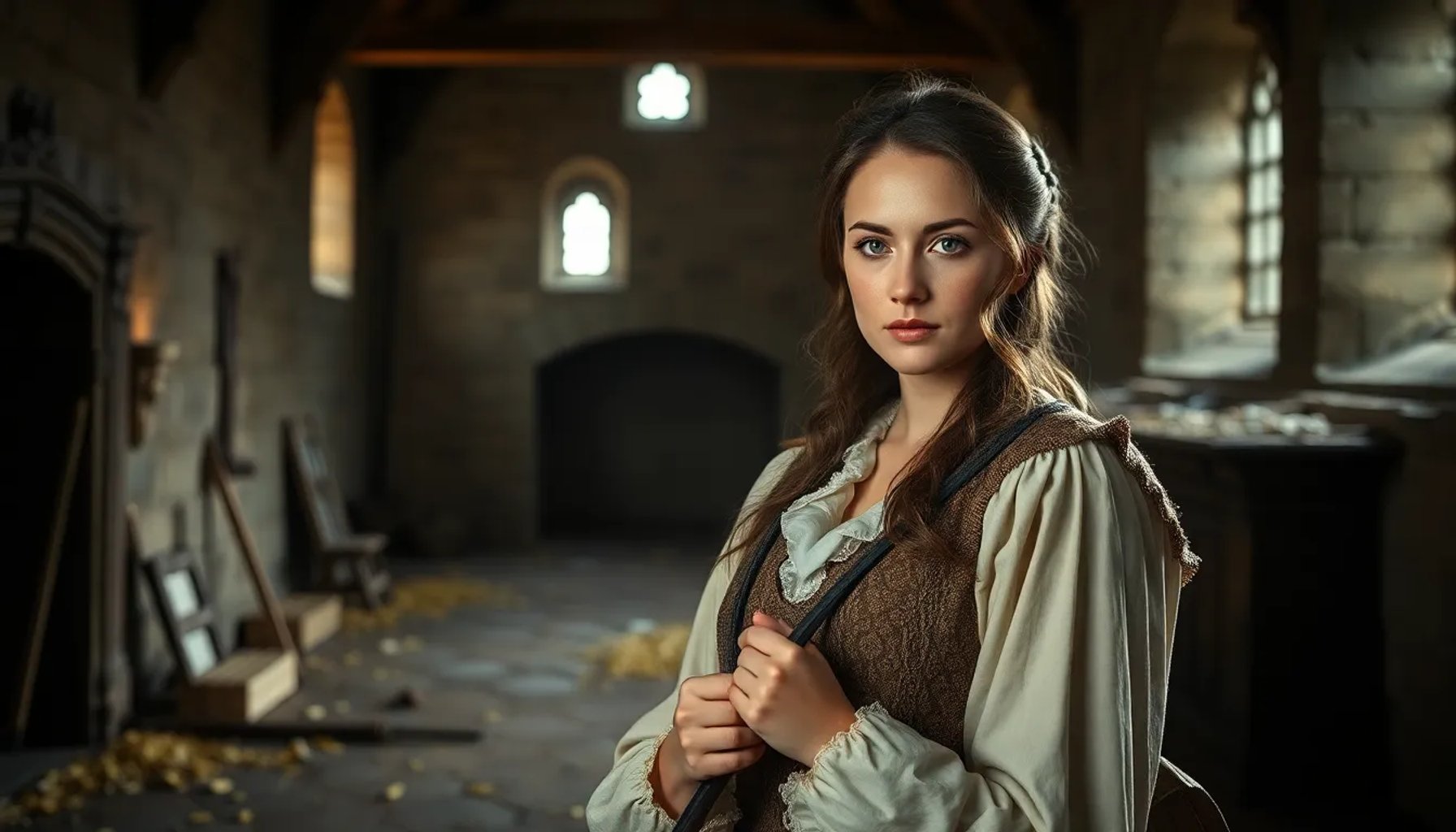 Escena de la serie Netflix basada en El guardián del cronos, con una mujer vestida de arqueóloga en un castillo escocés del siglo XVIII