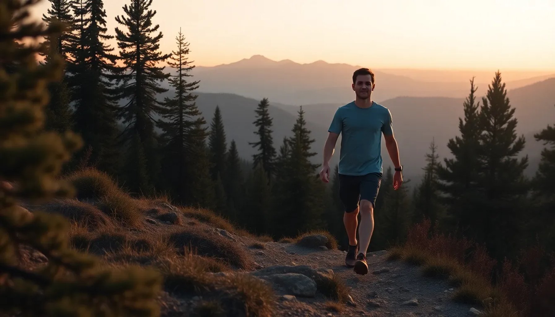 Persona caminando por un bosque alpino al atardecer, con expresión pensativa y movimiento visible de las piernas