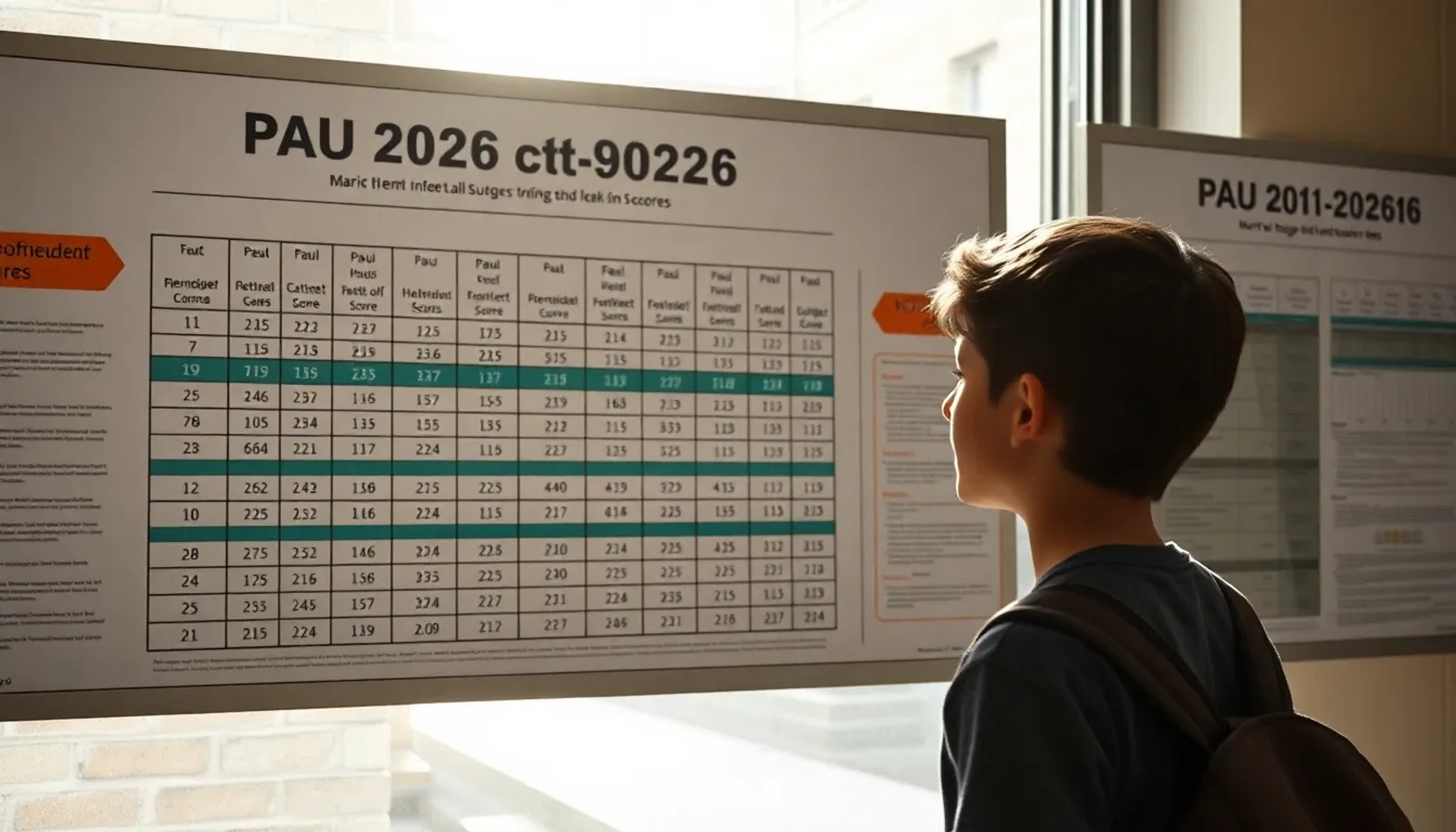 Estudiante revisando una tabla de notas de corte de la PAU 2026 en una universidad de Madrid