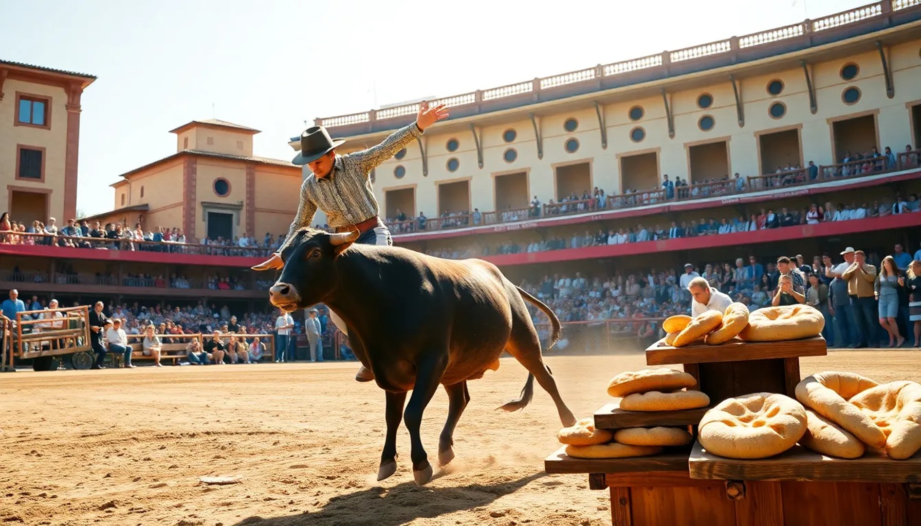 Torero joven ejecutando una faena en la arena de Talavante, con el público aplaudiendo y puestos de pan recién horneado al fondo