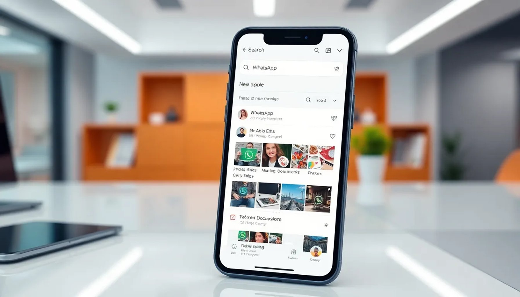 Pantalla de WhatsApp mostrando la nueva barra de búsqueda con filtros avanzados y resultados de fotos y documentos