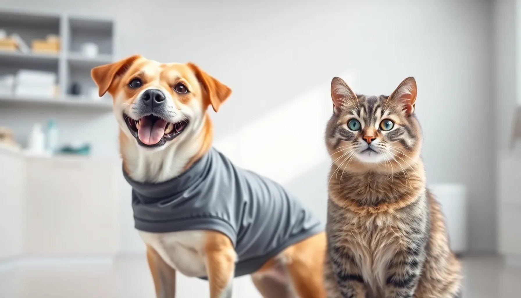 Perro y gato con prenda médica que cubre sus heridas quirúrgicas, mostrando comodidad y protección