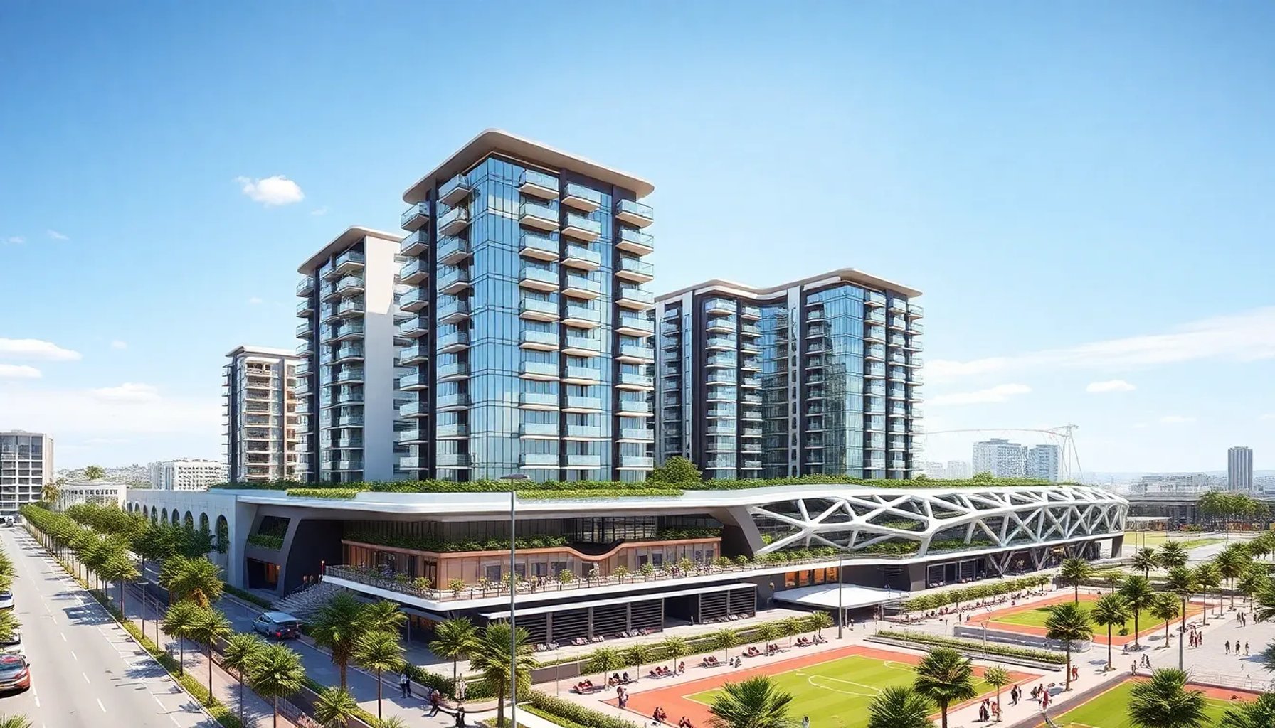 Render del nuevo complejo mixto que se construirá junto al Nuevo Mestalla, con áreas residenciales, comerciales y deportivas
