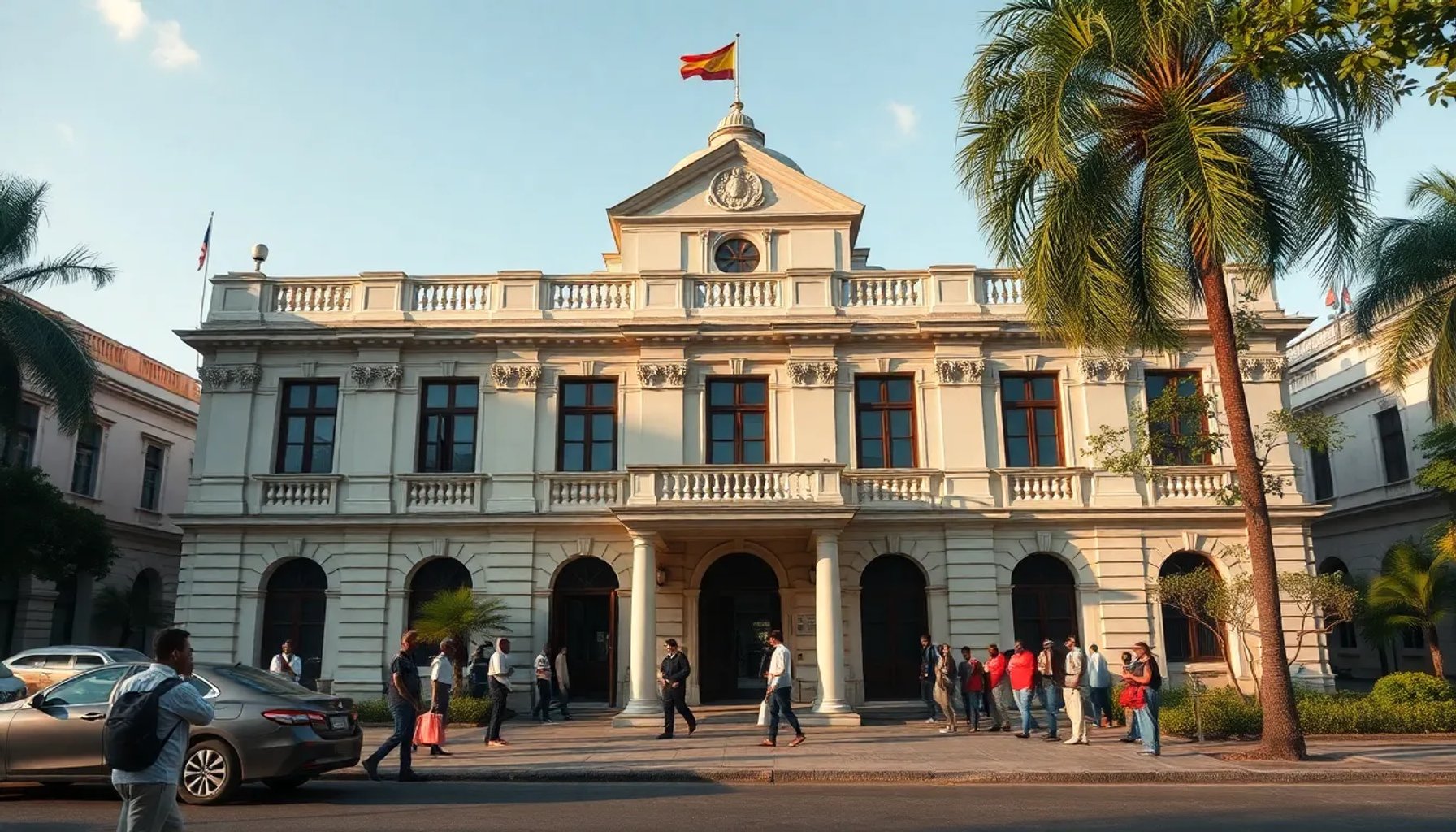 Exterior del Consulado español en La Habana con fila de migrantes cubanos esperando atención