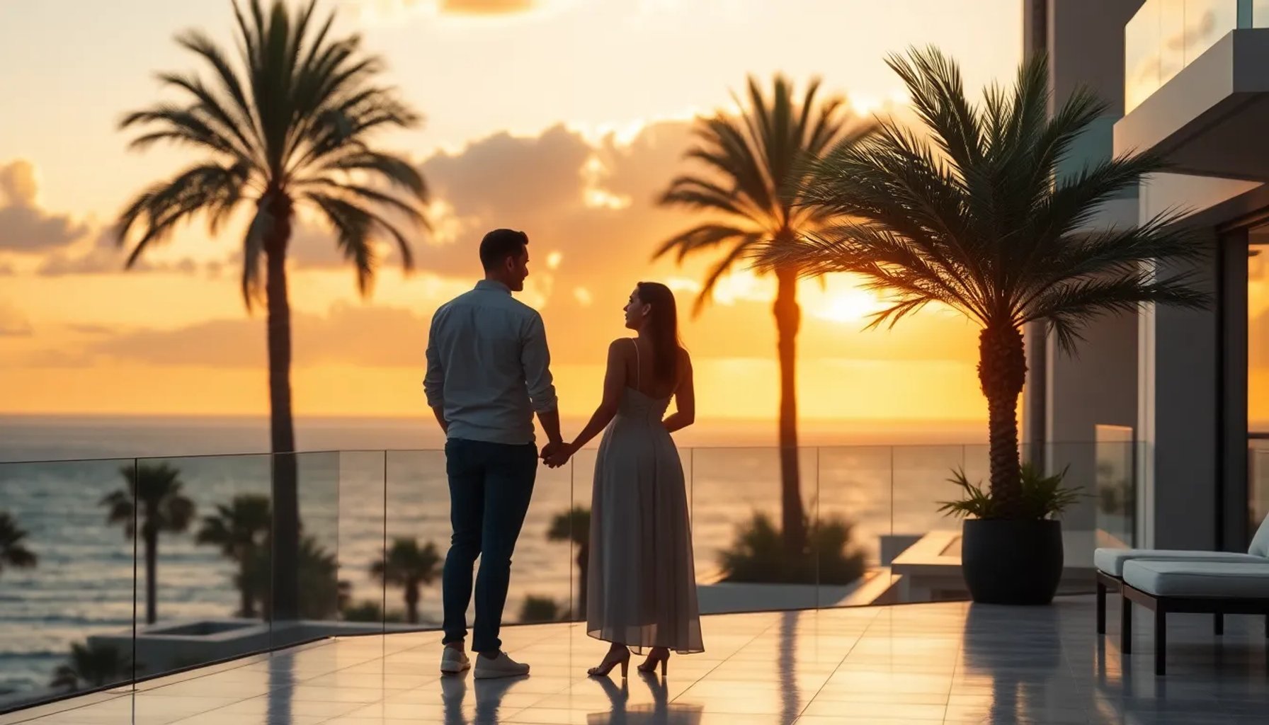 Pareja disfrutando del atardecer en la terraza de un hotel Princess en Canarias, con vista al mar y palmeras