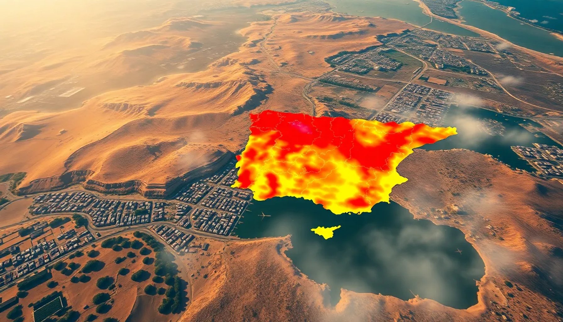Mapa de España con zonas resaltadas en rojo indicando temperaturas extremas durante ola de calor junio 2026
