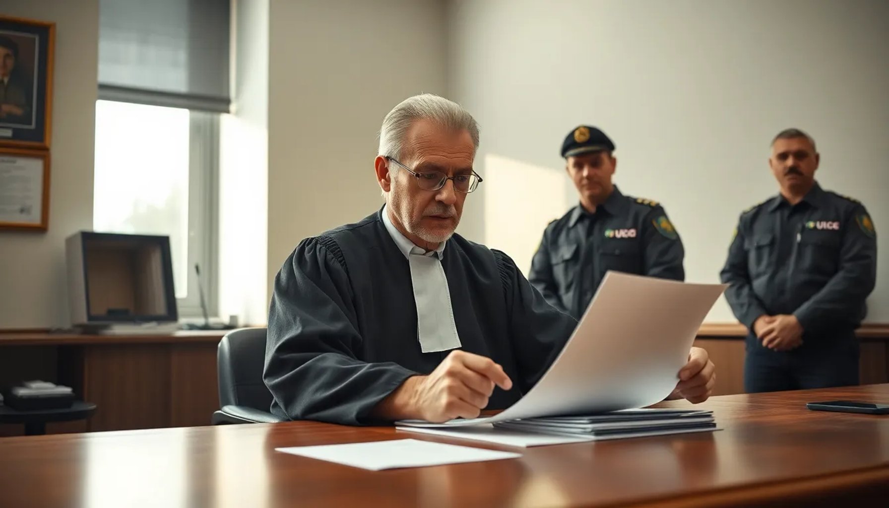 Juez revisando documentos en un despacho mientras agentes de la UCO observan en segundo plano