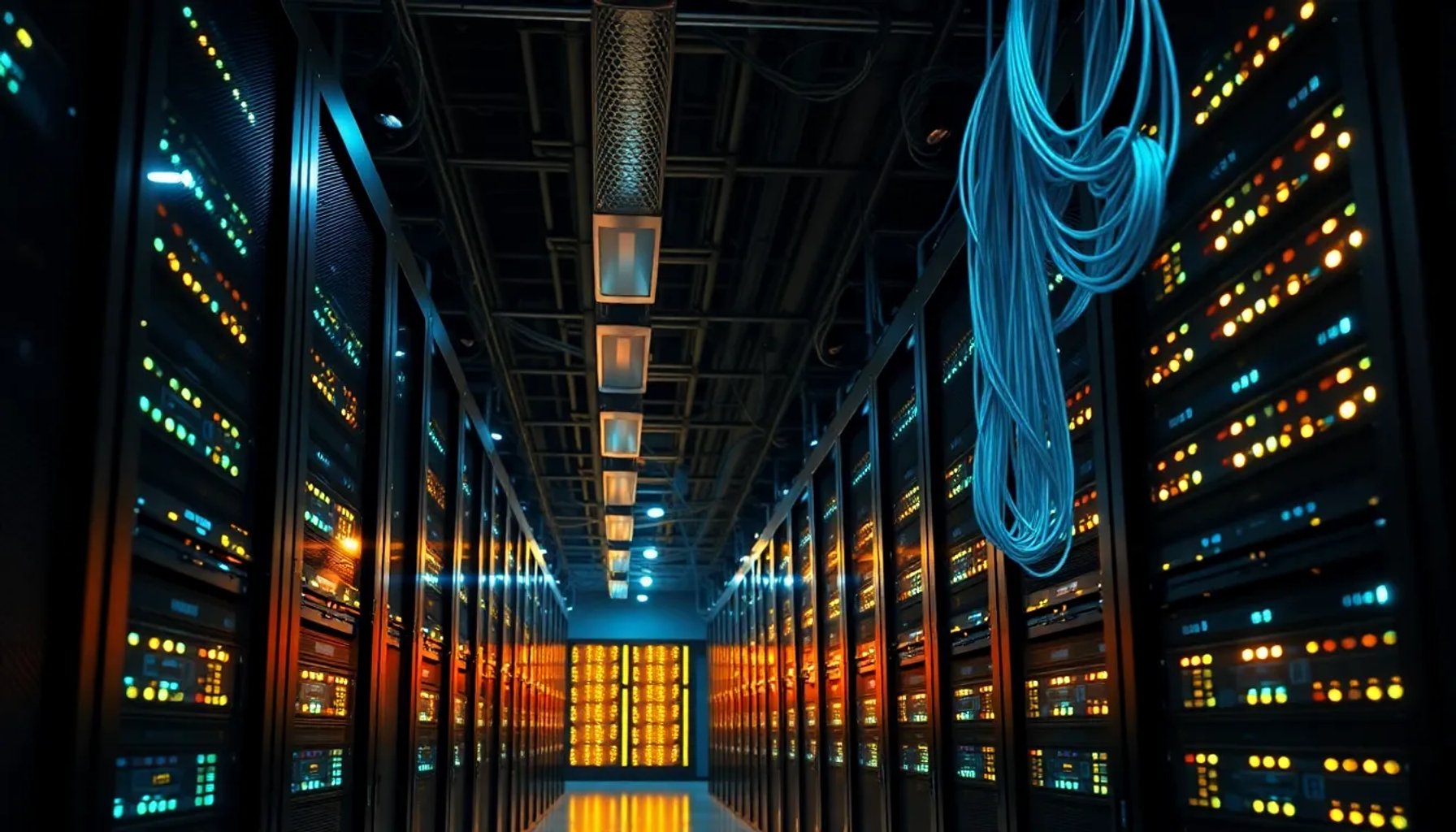 Centro de datos con servidores iluminados y cables de fibra óptica bajo luces nocturnas