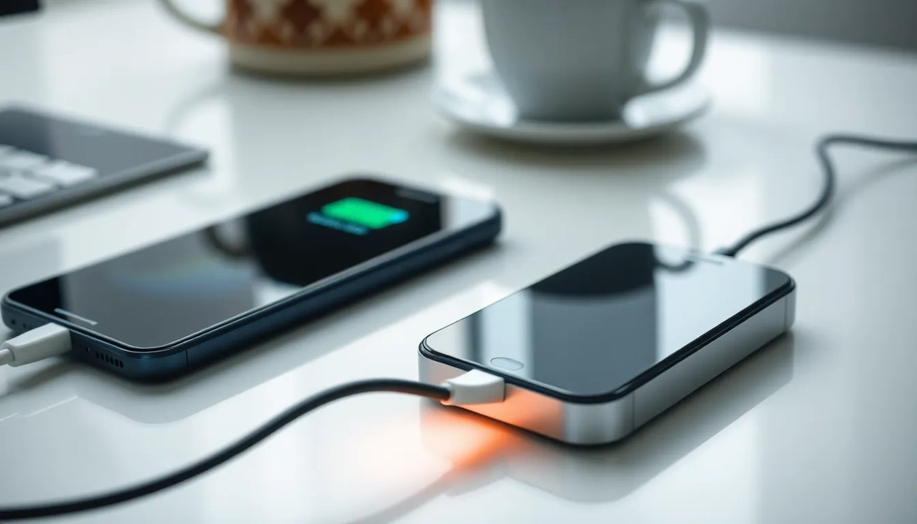 Smartphone conectado a un cargador con luz indicadora, mostrando el proceso óptimo de carga