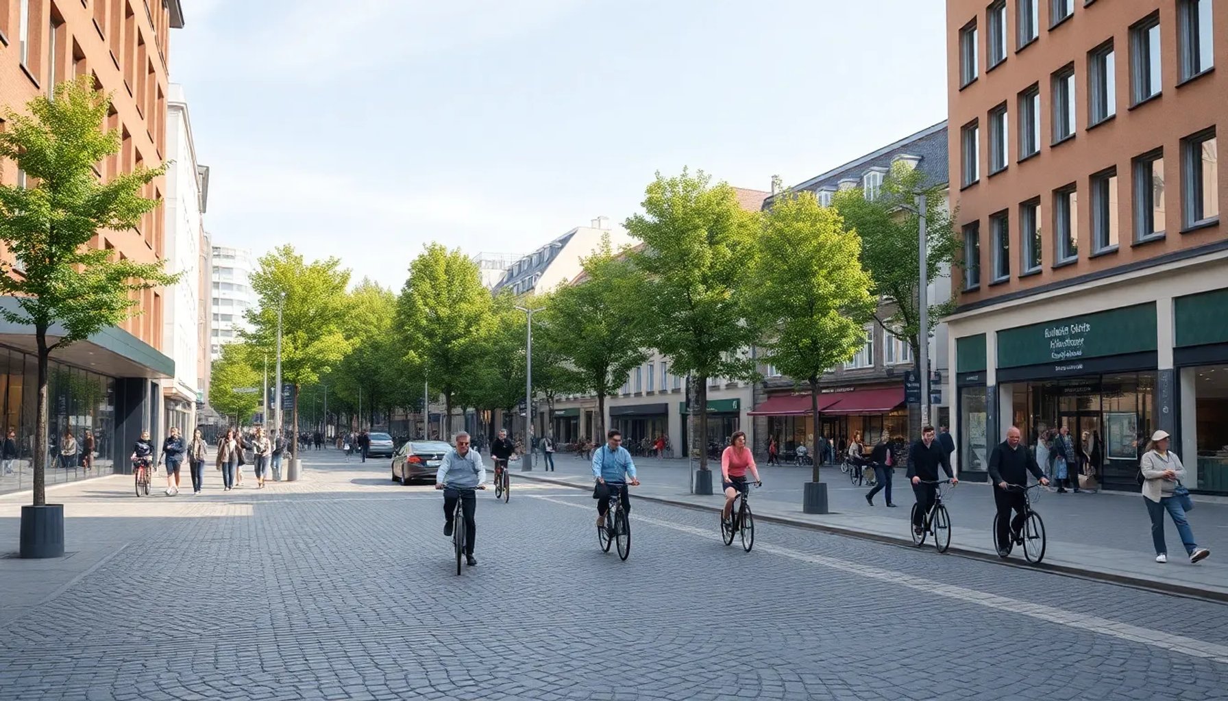 Vista panorámica del centro peatonal de Oslo con calles sin coches, cafés y árboles
