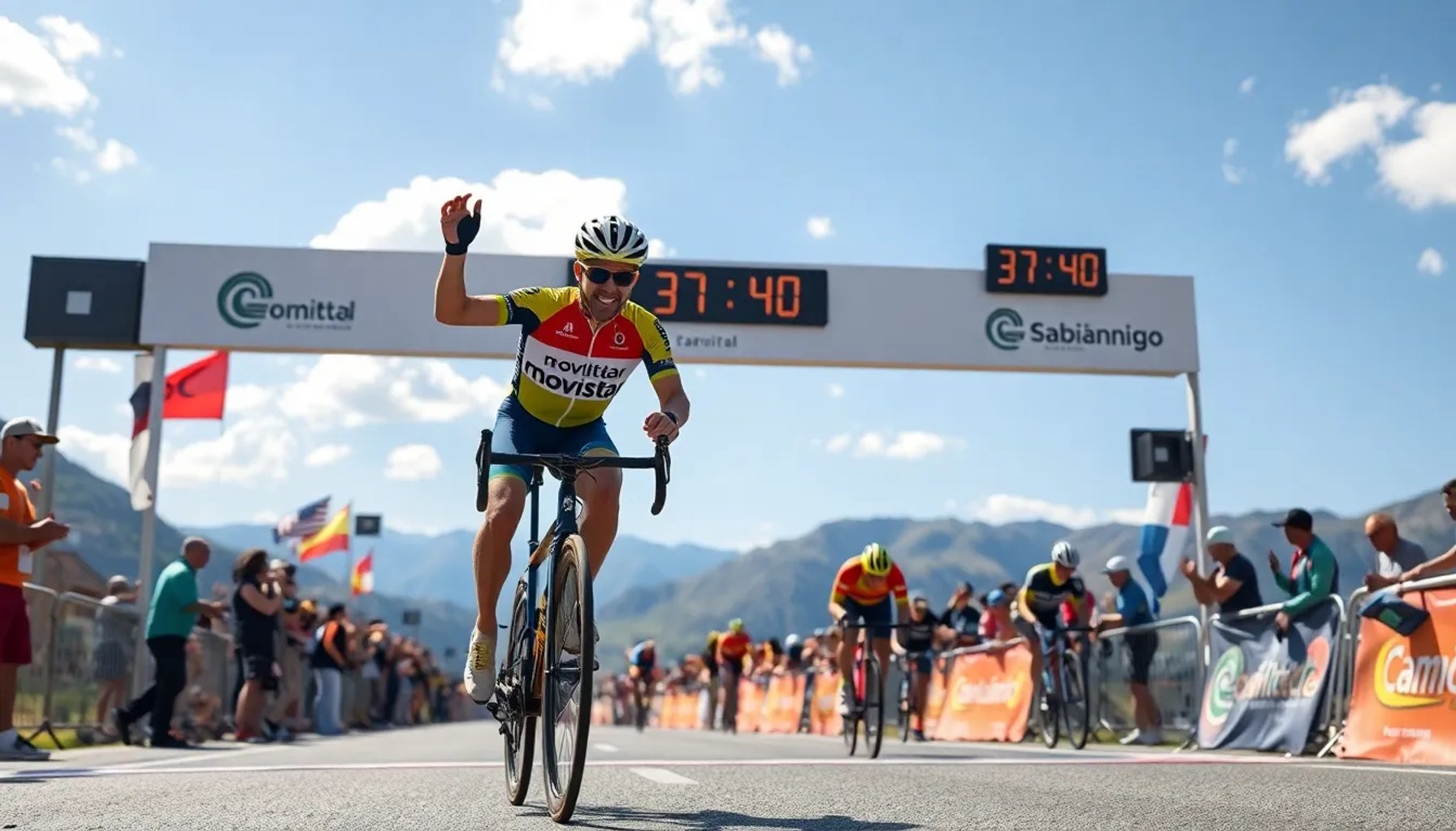 Pablo Castrillo cruzando la línea de meta en el Campeonato de España contrarreloj 2026 en Sabiñánigo