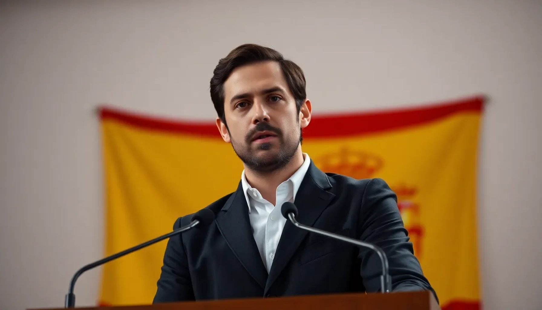 Pablo Iglesias hablando en un micrófono frente a una bandera española, expresión seria