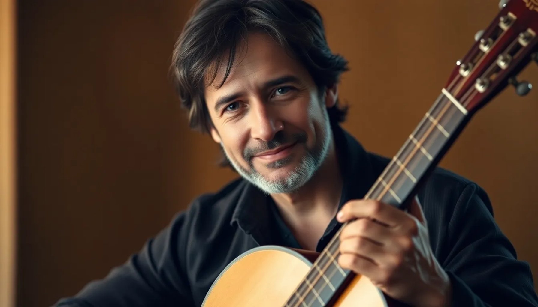 Paco de Lucía tocando la guitarra con expresión íntima y mirada hacia el horizonte
