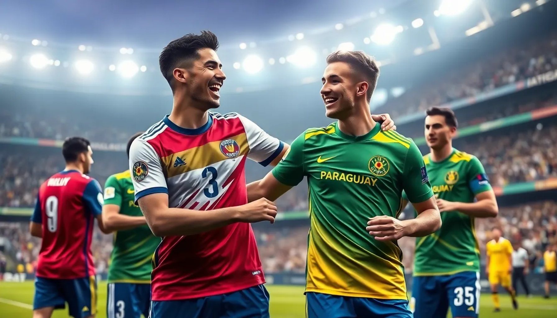 Jugadores de Paraguay y Australia celebrando su clasificación a octavos de final en un estadio lleno