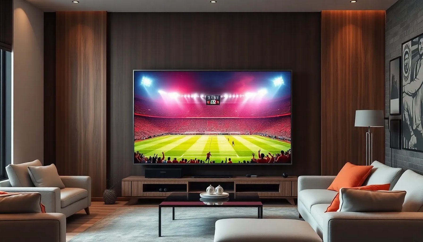 Pantalla de televisión mostrando un partido de fútbol en vivo con marcador y logotipos de canales