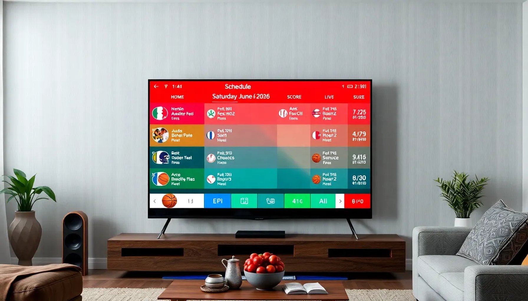 Pantalla de TV mostrando la programación de partidos del sábado 6 de junio de 2026