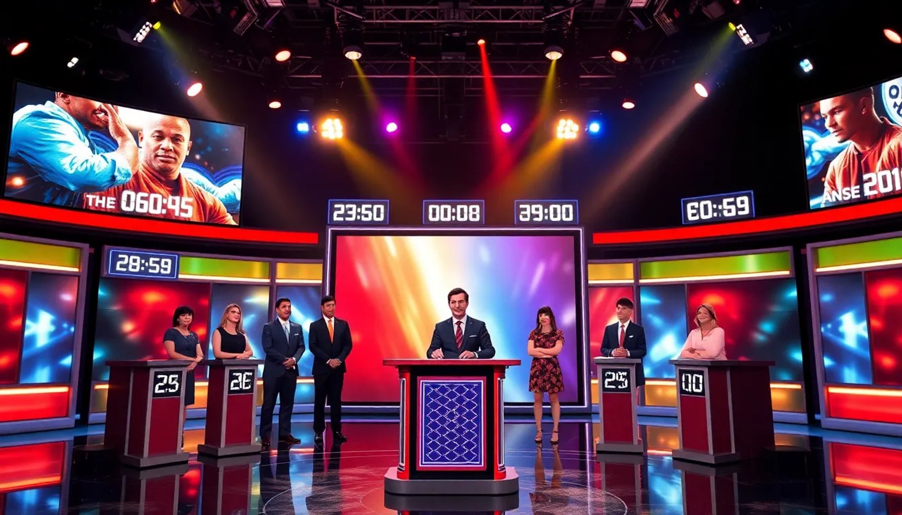 Escena del estudio de Pasapalabra con el presentador y los ocho concursantes listos para la nueva prueba final
