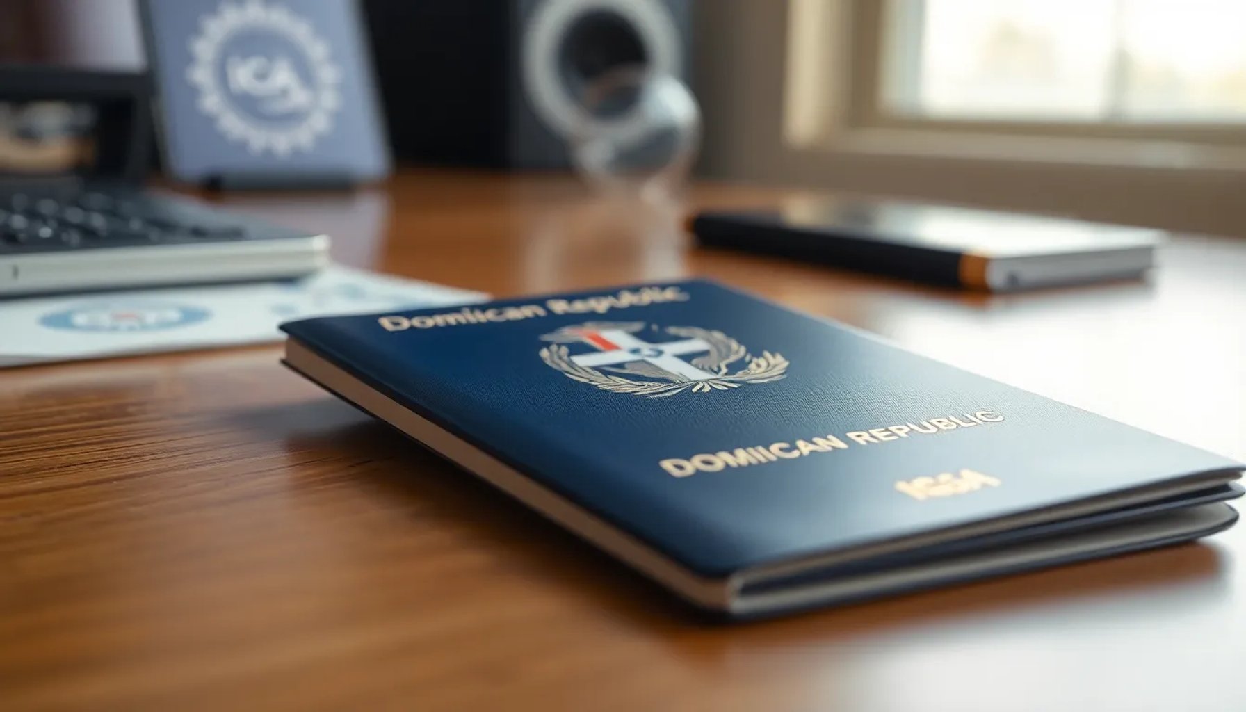 Pasaporte electrónico dominicano con holograma de seguridad y sello de la OACI