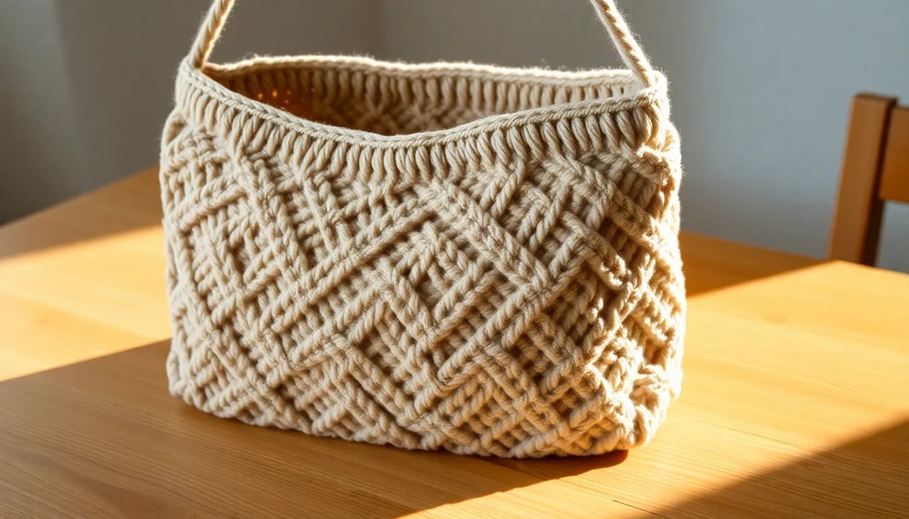 Bolsa Majestic de crochet en tonos neutros, con detalle de puntada elegante y asa larga