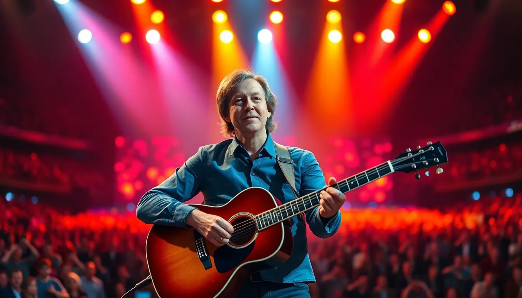 Paul McCartney en el escenario con guitarra, rodeado de luces y una multitud vibrante