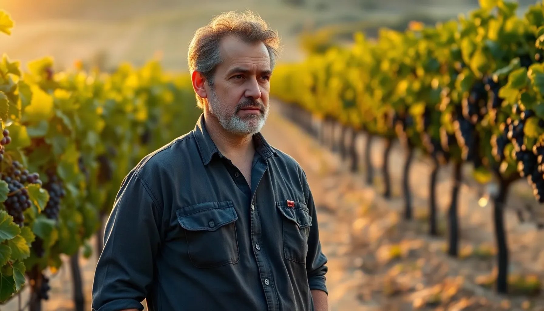 Pedro Ruiz en los viñedos de Pago de Carraovejas bajo un cielo atardecer, mirando las hileras de uva Tempranillo