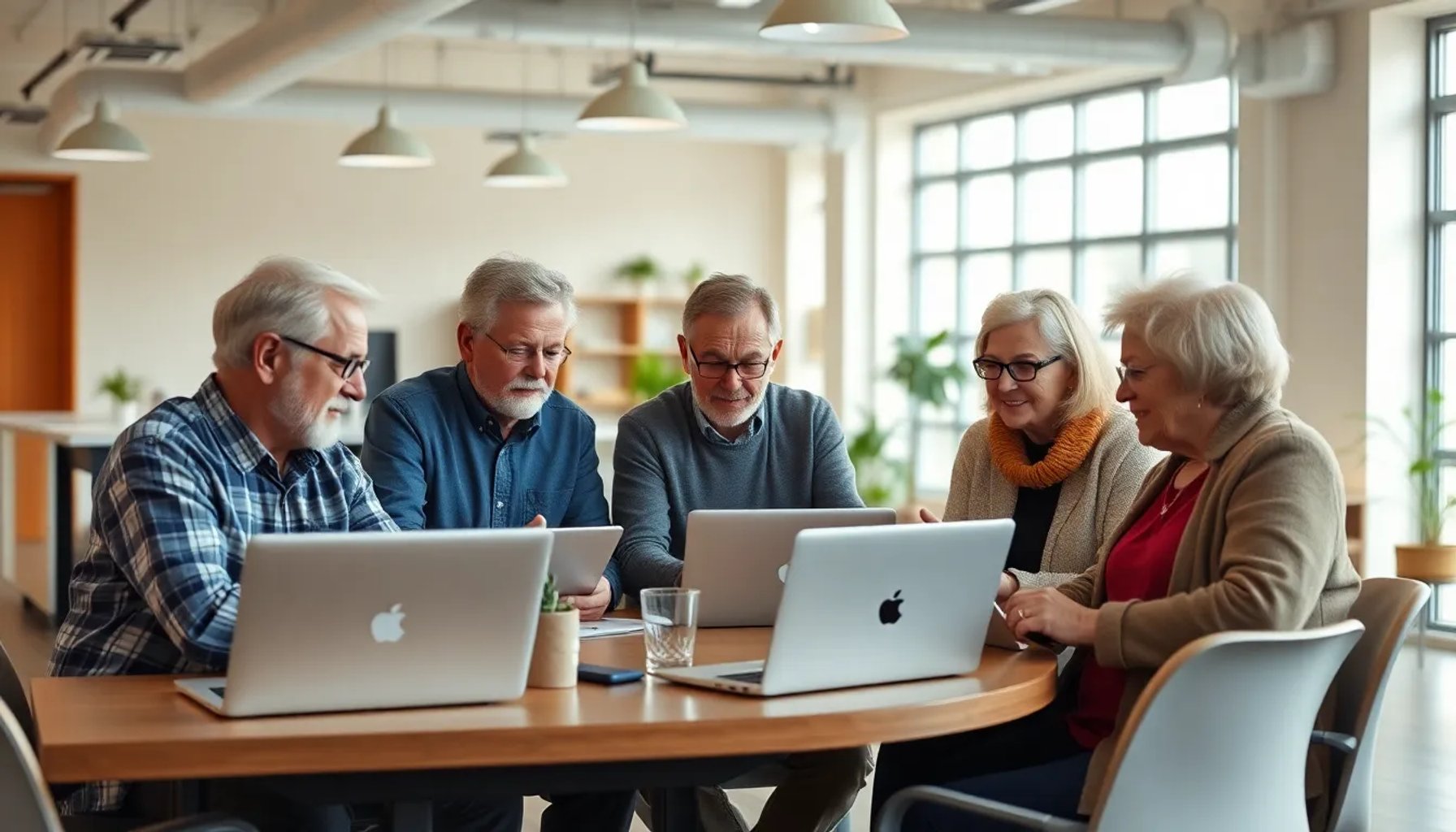 Grupo de personas mayores trabajando en una oficina moderna, sonriendo y usando ordenadores