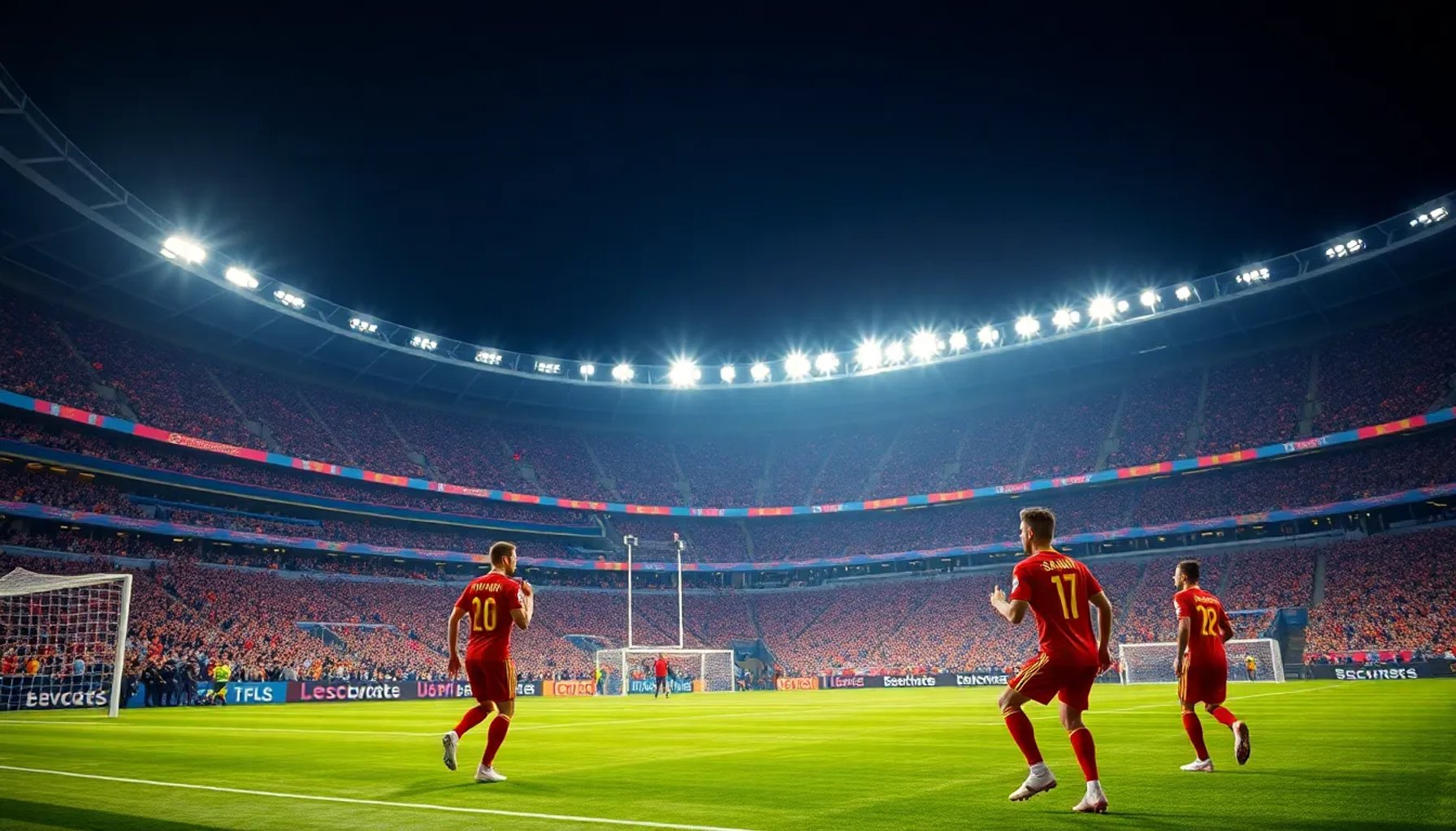 Jugadores de España celebrando su tercer gol contra Perú en el estadio, con el marcador 3-1 en pantalla