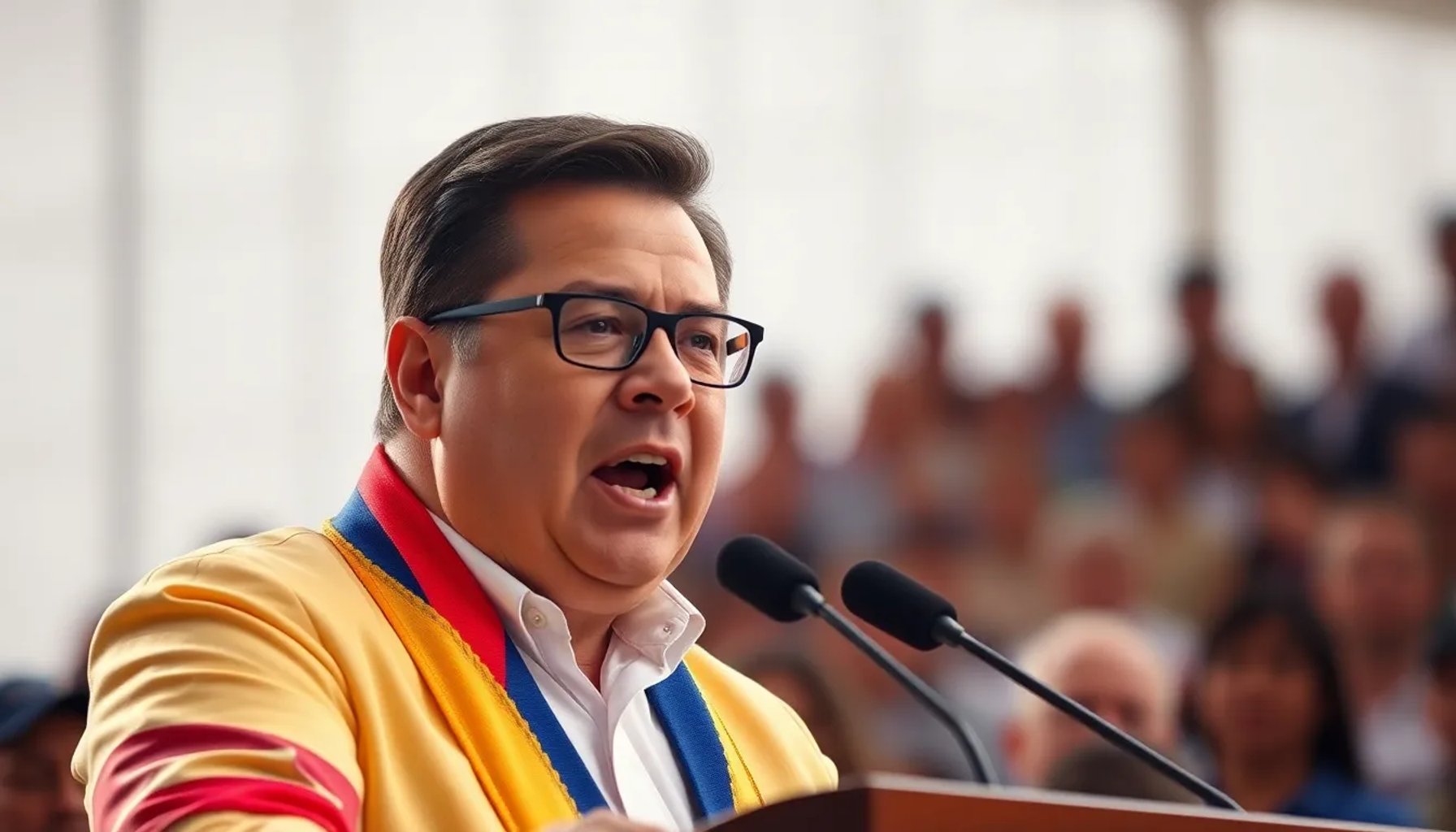 Gustavo Petro hablando en un micrófono frente a una multitud en una plaza de Bogotá