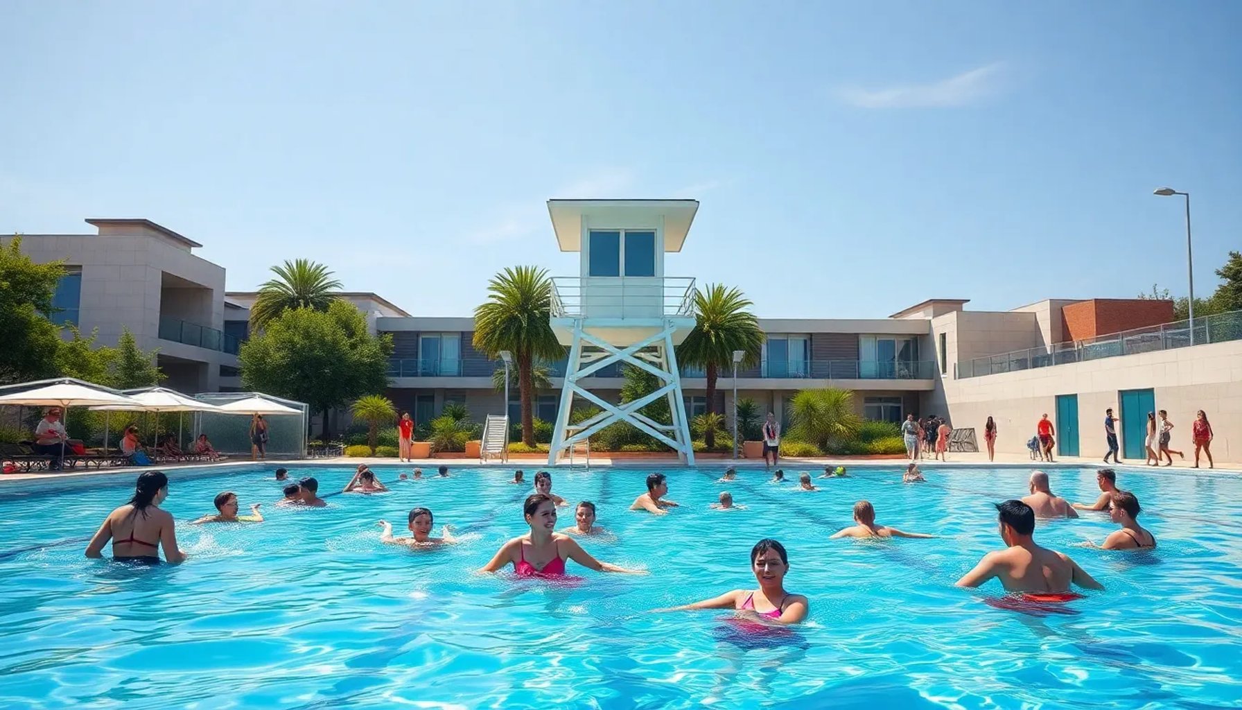 Familia disfrutando en una piscina municipal de Madrid bajo el sol de verano