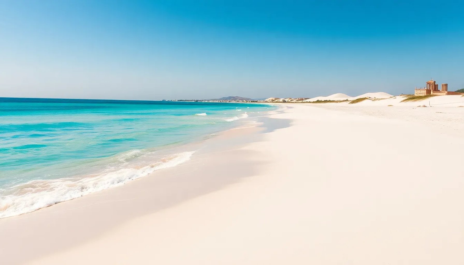 Vista panorámica de la Playa de Bolonia en Cádiz, con arena blanca y aguas turquesas bajo el sol