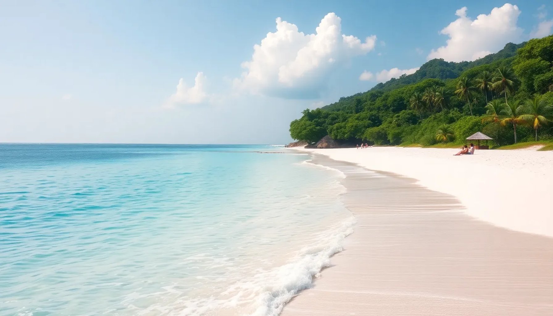 Playa aislada con aguas turquesas y poca gente en julio, entorno natural virgen