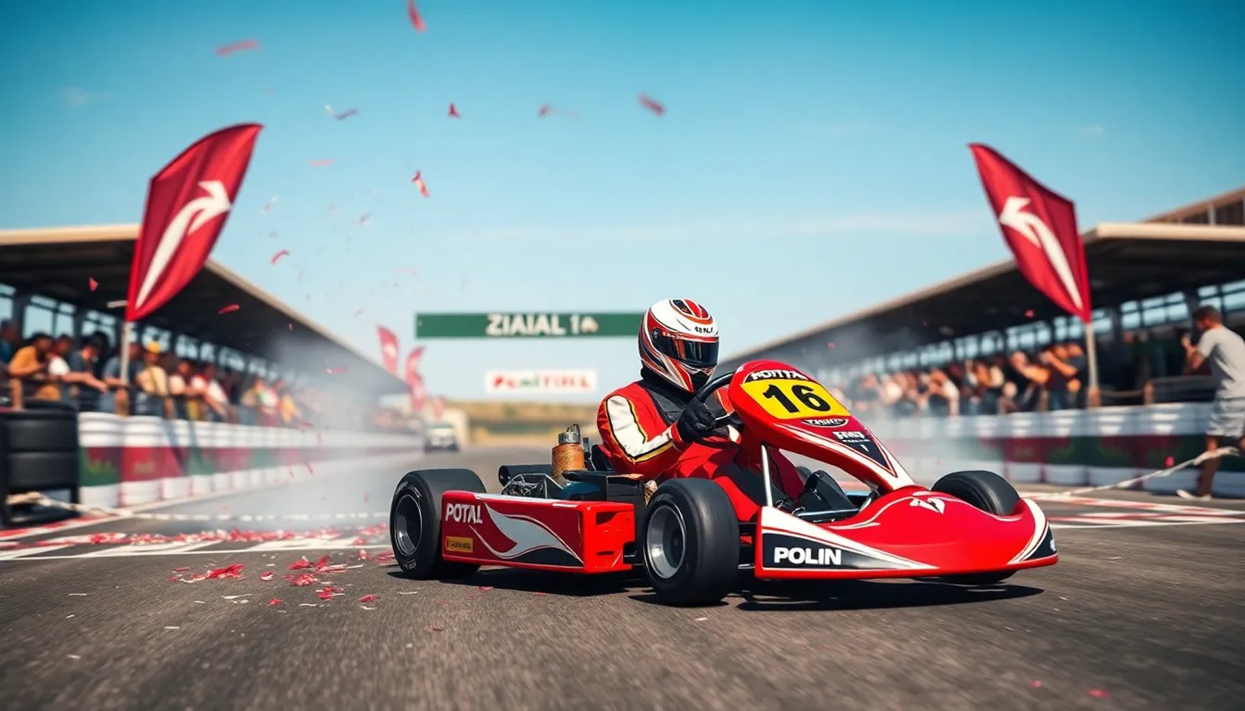 Kart de Polini cruzando la línea de meta en el circuito de Zuera con humo de celebración