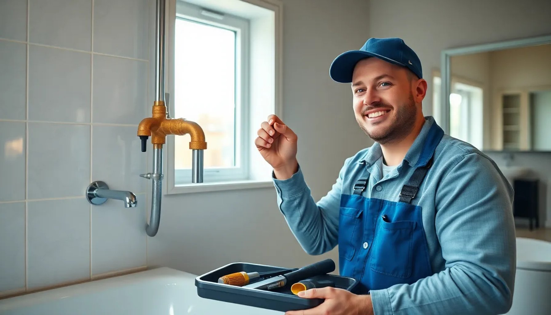 Fontanero sonriente mientras revisa una tubería en un baño doméstico, luz natural y herramientas a su lado