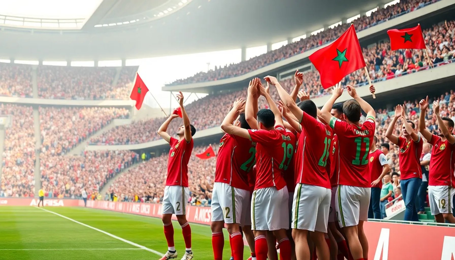 Equipo de Marruecos celebrando un gol en un estadio lleno de banderas rojas y verdes