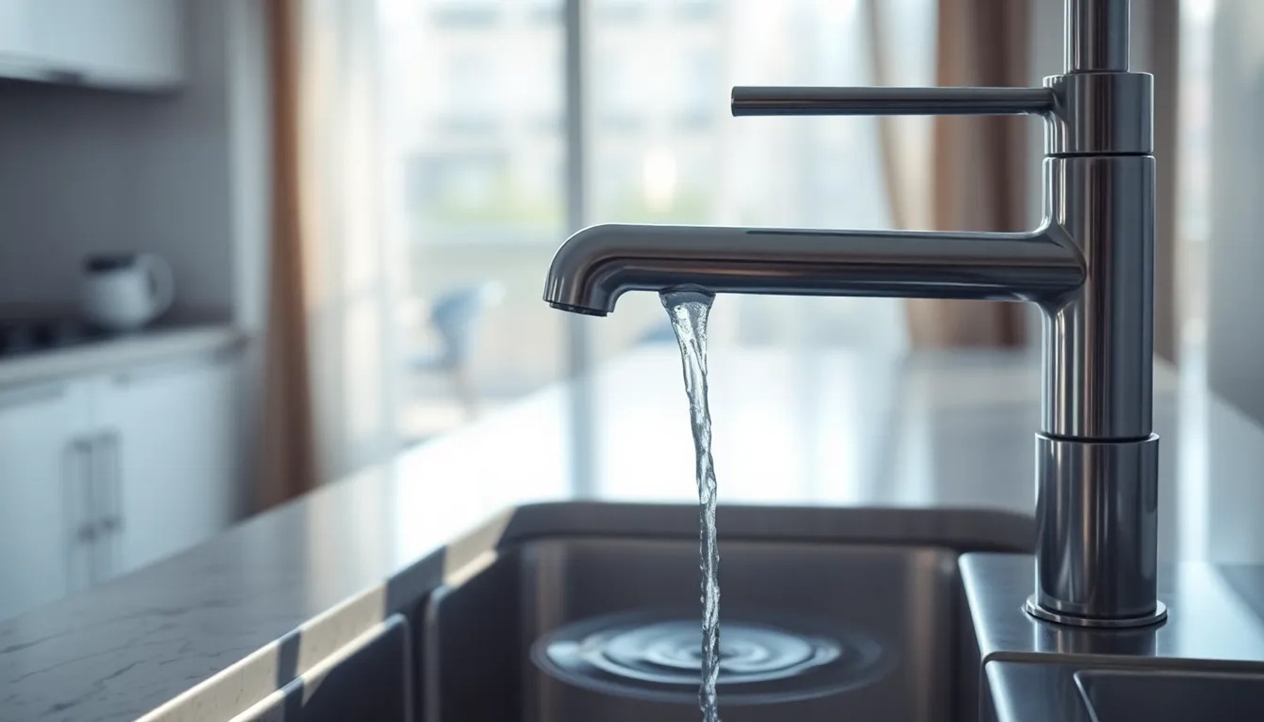 Grifo de cocina en Madrid con agua que muestra un leve reflejo azul, simbolizando el cambio de sabor del suministro.