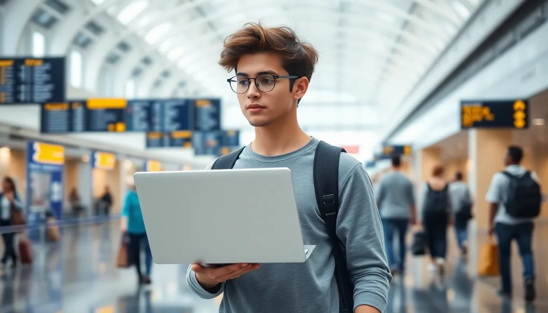 Programador caminando en un aeropuerto con su portátil medio abierto, mostrando una pantalla de código y teclado visible