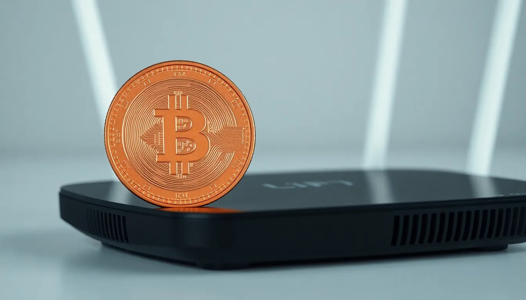 Moneda de cobre sobre un router WiFi, simbolizando el truco para mejorar la señal