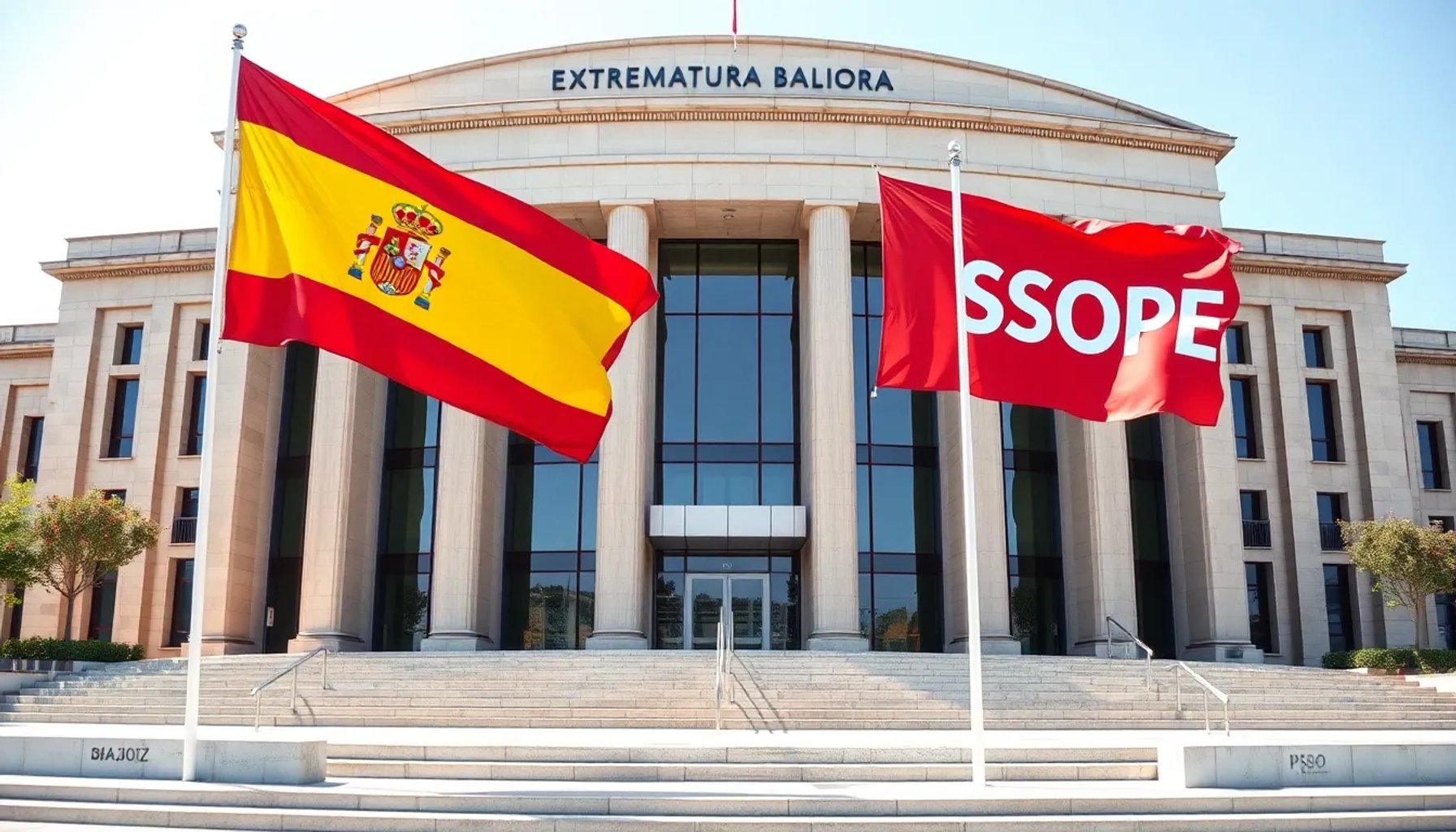Imagen del edificio del Parlamento de Extremadura con banderas del PP y PSOE sobre un fondo de cielo