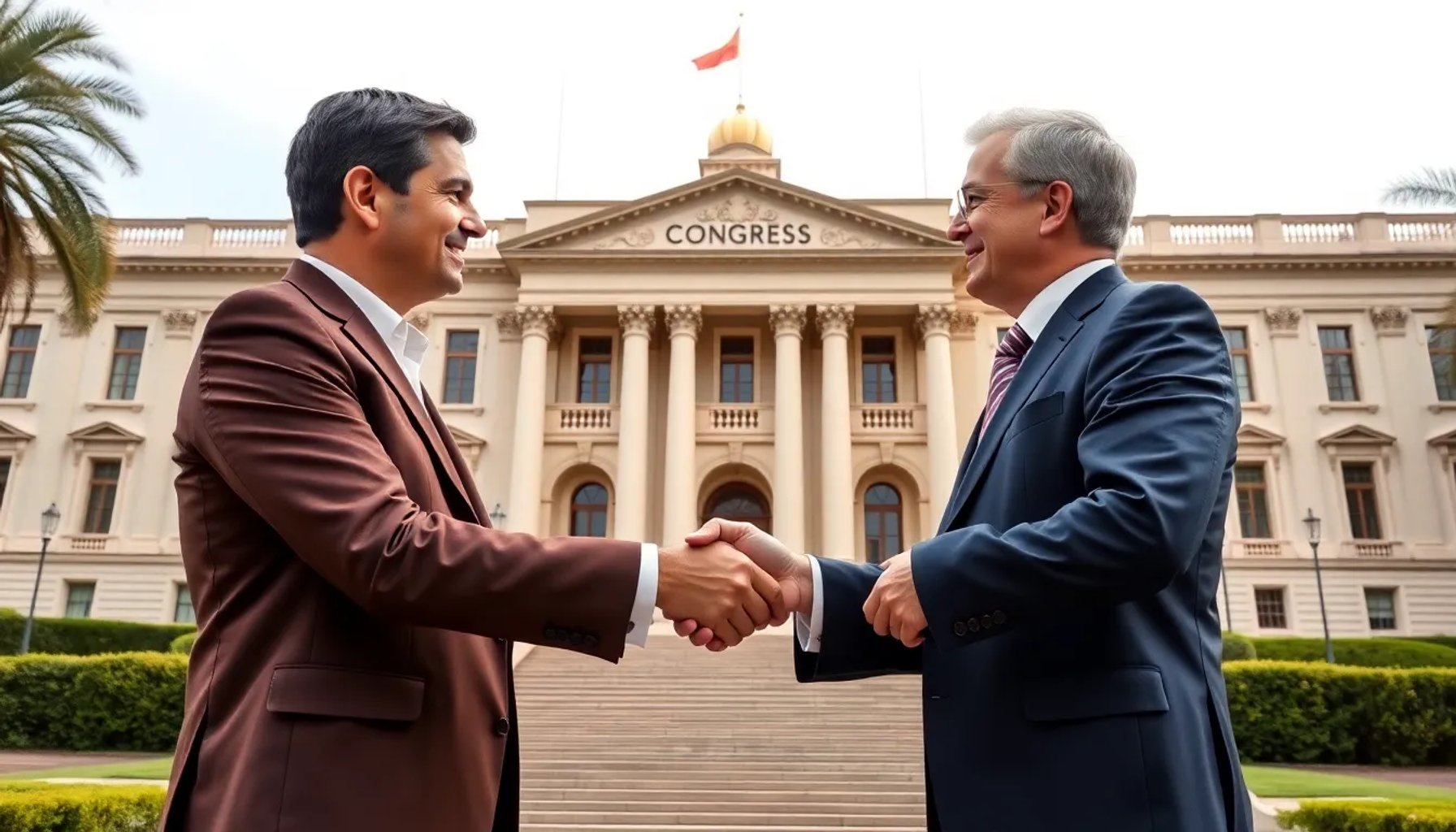 Imagen de dos políticos españoles estrechando la mano frente a un edificio del Congreso, simbolizando el acuerdo sobre la prejubilación