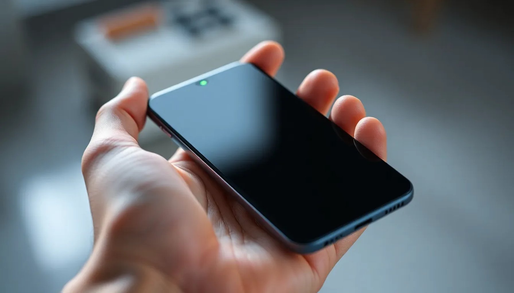 Pantalla de smartphone con un punto verde brillante en la barra de estado superior