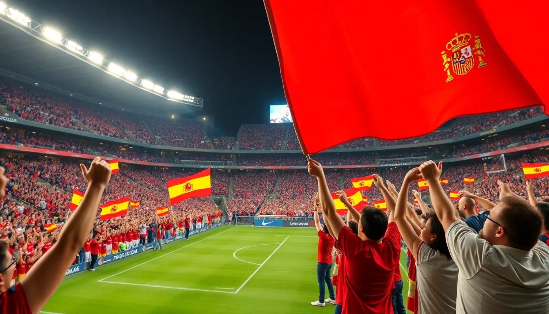 Aficionados españoles cantando al unísono en un estadio, con banderas y luces