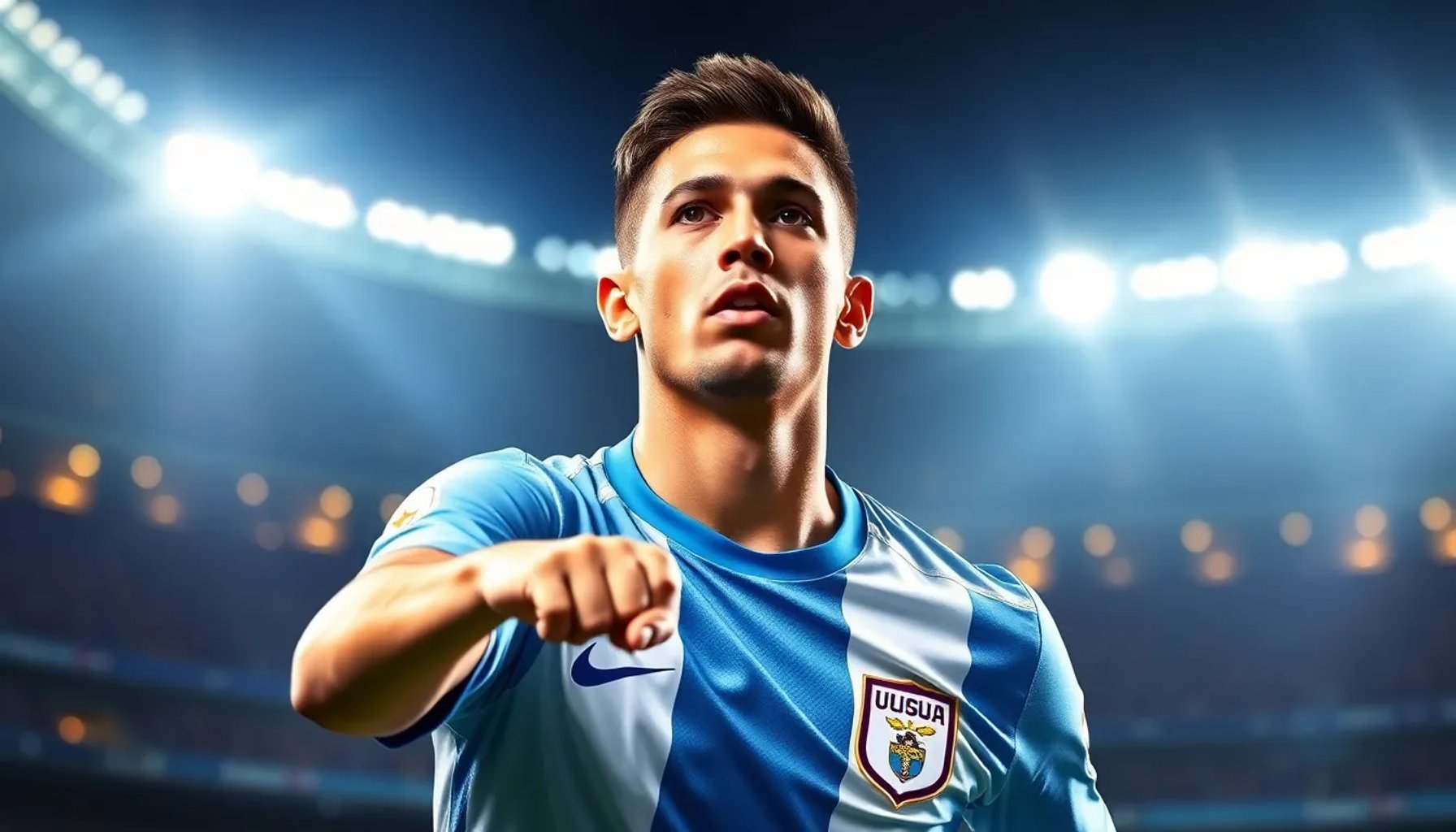 Javier Sanabria, delantero uruguayo, celebra un gol con la camiseta de Uruguay en un estadio iluminado