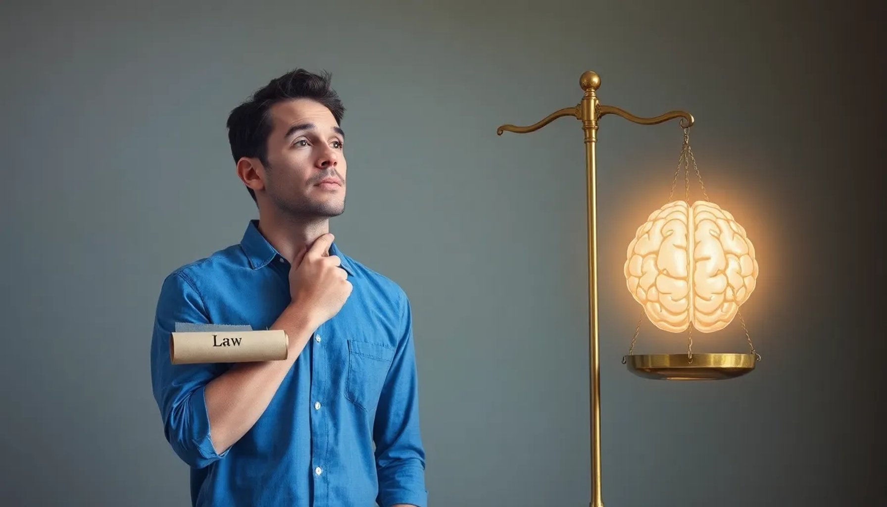 Ilustración de una persona meditando frente a una balanza de leyes y razón, estilo fotorrealista