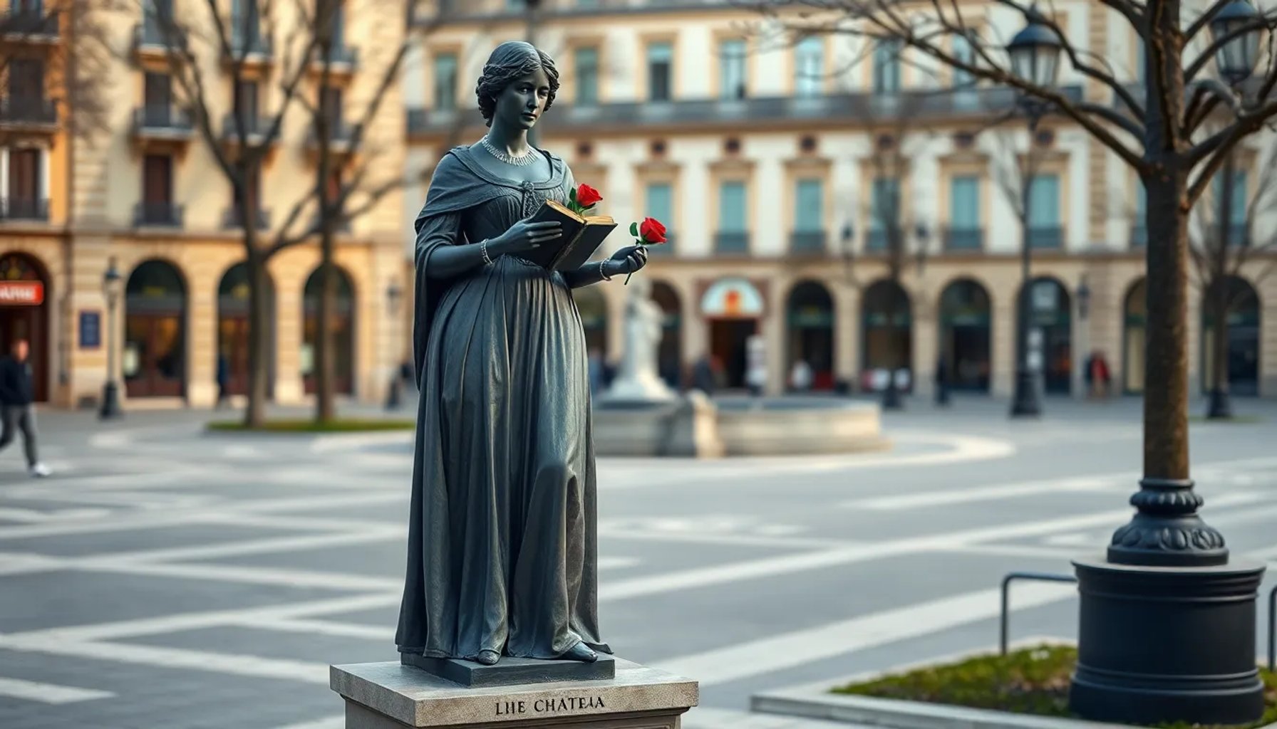 Monumento de bronce de la Infanta Isabel de Borbón en una plaza de Madrid, con detalles de su vestido y un libro en la mano