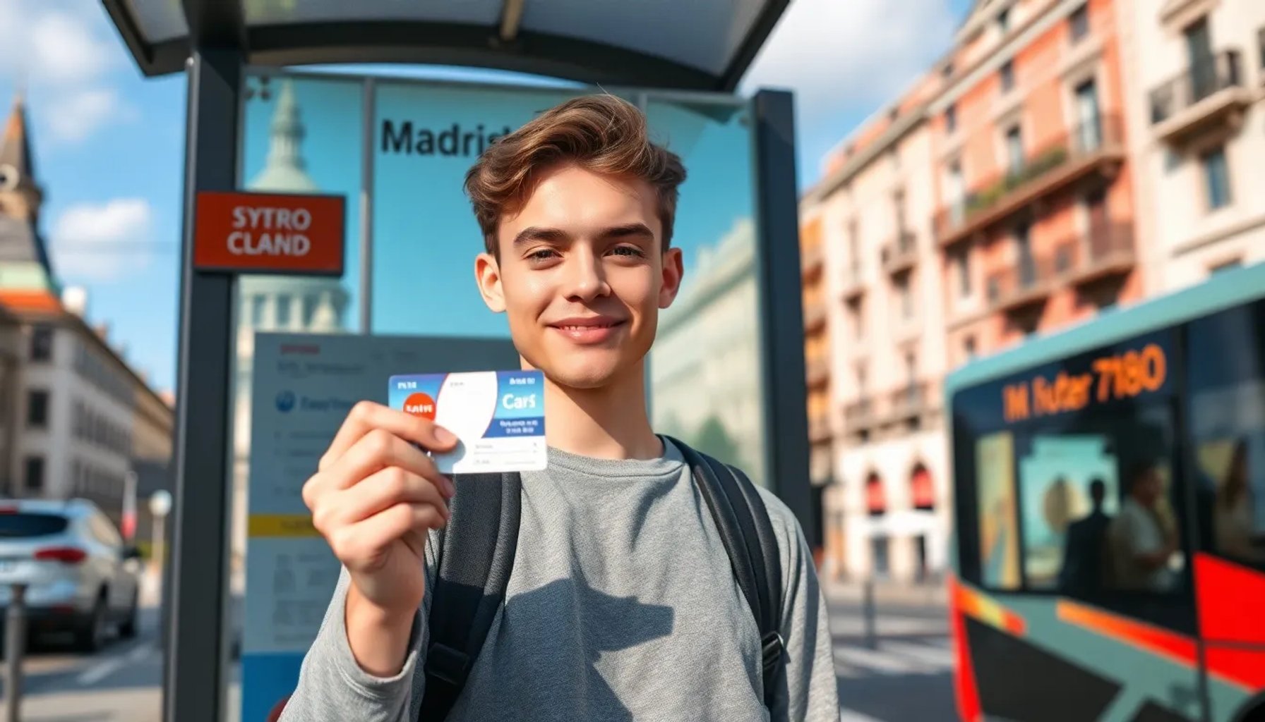 Persona revisando su tarjeta de abono transporte en una parada de autobús de Madrid