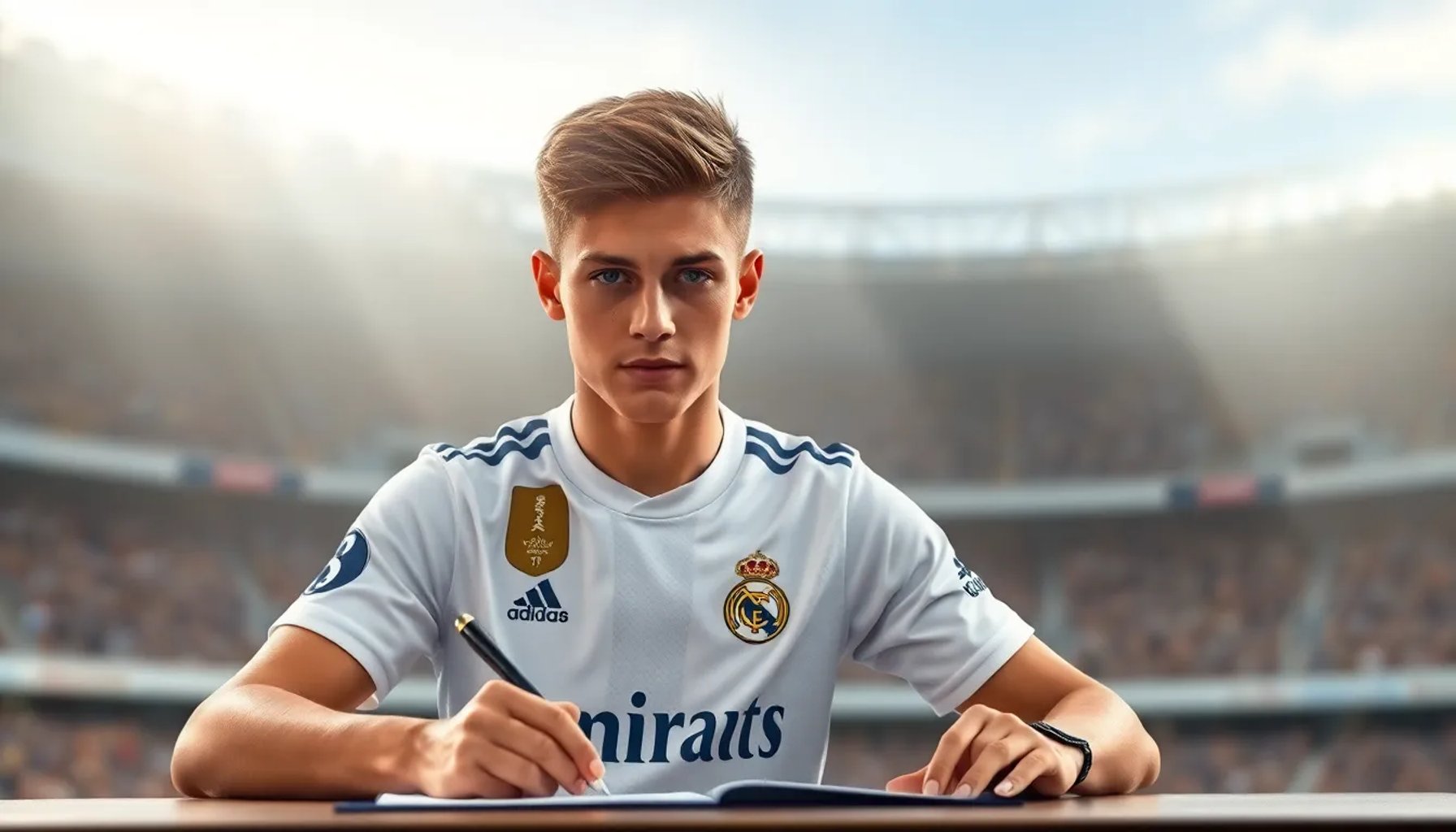 Joven futbolista de la cantera del Atlético Madrid firmando con el Real Madrid